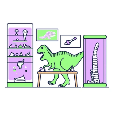 A private collector's room features several shelves filled with dinosaur bones. Each shelf displays a variety of fossilized skeletons, including a large Tyrannosaurus rex skull prominently positioned at the center. To the left, a shelf holds smaller dinosaur bones arranged meticulously, showcasing the intricate details of each specimen. A glass case on the right houses a complete vertebra from a brontosaurus, under soft lighting for emphasis. The walls of the room are adorned with framed illustrations of dinosaurs, completing the theme of paleontological passion. A sturdy wooden table stands in the middle, displaying a few excavation tools and a magnifying glass for examination.