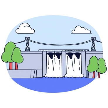 A large hydropower dam built across a flowing river. The dam features a tall concrete structure with multiple spillways releasing water into the river below. Large turbines are visible at the base of the dam, surrounded by a fenced area. Electrical lines run from the dam, connecting to transmission towers in the distance. The river is flanked by green trees, and the sky above is clear with a few fluffy clouds.
