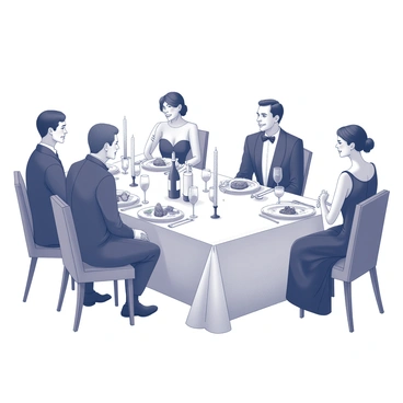 A large dining table is set for a dinner party. The table is covered with a white tablecloth and adorned with elegant dishware, crystal glasses, and silverware. Several elegantly dressed guests are seated around the table, engaging in conversation. The guests wear formal attire, including tuxedos and long evening gowns. Plates filled with gourmet dishes are placed in front of each guest, and bottles of fine wine are displayed prominently. Flickering candles provide soft lighting, adding to the atmosphere of sophistication.