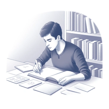 An illustrator is seated at a drawing table, focused on creating a new book cover design. The illustrator has a pencil in hand, poised above a blank sheet of paper. Various sketches and notes scatter the table around them, indicating the brainstorming process. The backdrop features a shelf lined with a collection of books, highlighting the theme of writing and creativity. The atmosphere exudes a sense of inspiration and artistic development as the illustrator works intently on reimagining the book's appearance.