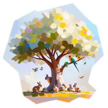 An illustration depicting a large peepal tree with a wide, spreading canopy. The tree's trunk is thick and textured, showing the intricate patterns of its bark. On its branches, various birds are perched, including a vibrant parrot with green feathers, a small brown sparrow, and a colorful oriole. Beneath the tree, a curious squirrel is climbing the trunk, while several butterflies flutter around the base of the tree. On the ground, a family of rabbits can be seen nibbling on grass, adding to the lively scene. In the background, hints of a blue sky and soft clouds create a harmonious environment for the diverse fauna.