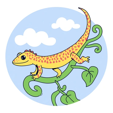A crested gecko with a textured, mottled skin pattern is climbing on intricate green vines. The gecko’s eyes are wide, highlighting its alertness as it navigates the twisting vines. The vines have curling tendrils and broad leaves, showcasing their complexity. In the background, the sky is a soft blue with a few fluffy white clouds scattered throughout.