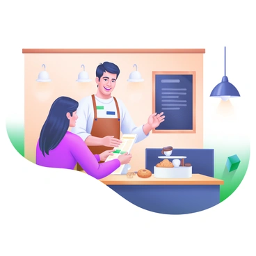 A cozy coffee shop interior with warm wooden accents and soft lighting. A barista with a friendly smile is standing behind the counter, handing a printed bill to a customer. The barista is wearing an apron and has a name tag. The customer, a young woman, is reaching out to receive the bill. Various coffee cups and pastries are displayed on the counter, and a chalkboard menu hangs on the wall in the background.