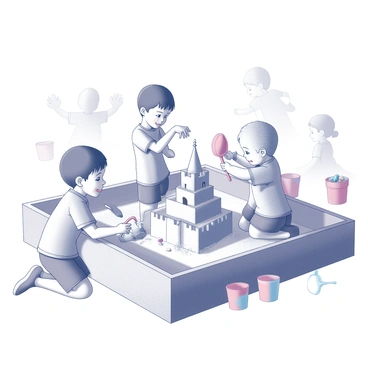 Several kids are engaged in building sandcastles within a large sandbox. One child, kneeling, is using a plastic shovel to scoop up sand, while another is carefully patting down the sand to create a solid base for the castle. Nearby, a third child is decorating the sandcastle with small twigs and seashells, adding intricate details. The sandbox is surrounded by a wooden border, and there are bright plastic buckets and shovels scattered around, indicating a lively playtime environment. In the background, other children can be seen playing and interacting, adding to the energetic scene.