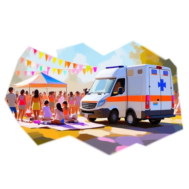 A medical transport van parked near a vibrant music festival. The van is clearly marked with medical symbols and has its doors open, ready for service. In the background, there are groups of concert-goers enjoying the festival, wearing a variety of colorful clothing and accessories. Some are dancing, while others are sitting on blankets, chatting or enjoying food. Colorful banners and decorations are visible, adding to the lively atmosphere of the event. The scene captures a blend of the medical presence and the festive energy of the crowd.