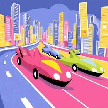 A group of futuristic cars with rocket-like designs zipping along a colorful highway in a vibrant cityscape.
