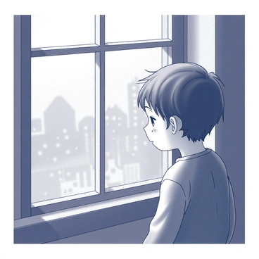 A boy with a sorrowful expression is gazing out of a rain-speckled window. His face is turned slightly to the side, and a single tear runs down his cheek. The window is framed with wooden panes, and the droplets of rain create a blurred view of the outside world. The boy's hair is tousled, and he is wearing a simple, slightly oversized sweater. The room is dimly lit, with the soft light filtering through the wet glass, casting a gentle shadow on his face.
