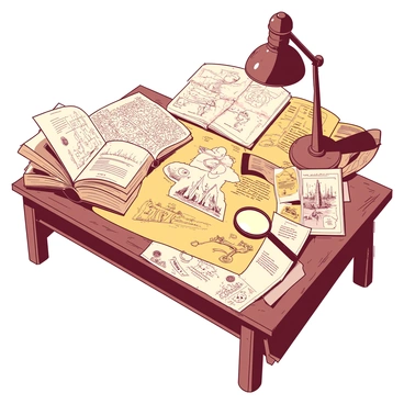 A collection of historical diagrams and illustrations laid out on a library table