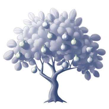 A fig tree with a sturdy trunk and sprawling branches. The tree is full of large, broad leaves with a textured surface, creating a dense canopy. Numerous ripe figs are hanging from the branches, showcasing their round shape and slightly wrinkled skin. The figs vary in size, some larger than others, all prominently displayed among the lush foliage. The scene captures the rich detail of the tree's bark and the intricate patterns of the leaves surrounding the ripe fruits.