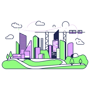 A futuristic cityscape is presented featuring sleek, modern buildings arranged along a quadratic curve. The buildings vary in height, with some towering high into the sky while others are more modest. The structures are designed with smooth lines and angular shapes. In the foreground, there are green parks with pathways that follow the curve of the city. Above, a clear sky stretches overhead, with a few scattered clouds. In the distance, a network of elevated transport systems can be seen weaving through the skyline.