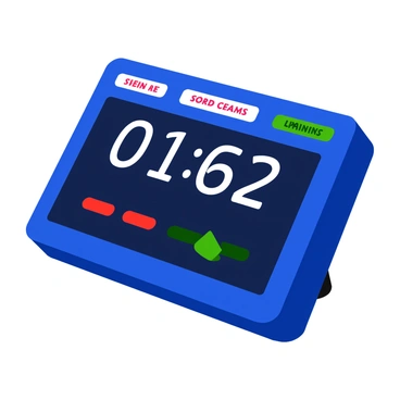 A digital 3D curling scoreboard featuring a sleek design with a dark blue background. The scoreboard displays the current match scores prominently in bright white digital numbers. Above the scores, there are rectangular panels showing the names of the two competing teams in bold letters, one in red and one in green. Below the scores, there are indicators for the current end of the match and the time remaining, all highlighted with glowing effects. The scoreboard is angled slightly to give a three-dimensional perspective, emphasizing its modern technology.