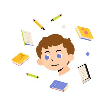 A floating human head with a serene expression, featuring short brown hair and bright blue eyes. The head is surrounded by multiple flying books with colorful covers, some open and displaying various pages. Several yellow and green pencils are soaring around the head, creating a dynamic sense of motion. The background is a soft, light color to enhance the focus on the head and the flying objects.