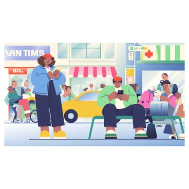 A busy urban street is filled with a diverse group of people, each engaged with their smartphones. A woman with curly hair is standing on the sidewalk, intently scrolling through a gig-job app, wearing a casual blue jacket and black jeans. Nearby, a man in a red baseball cap is sitting on a bench, checking his phone with a focused expression, and a laptop bag rests beside him. In the background, a mix of pedestrians and cyclists navigate the bustling environment, some glancing at their phones while others are talking animatedly. Storefronts line the street, displaying colorful signs and advertisements. A yellow taxi cab is parked at the curb, and a street vendor cart is set up nearby, adding to the vibrant atmosphere of the scene.