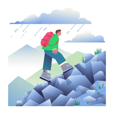 A lone hiker with short brown hair and a bright red backpack is climbing a steep, rocky hill. The hiker is wearing a green jacket with the hood up, and sturdy gray hiking boots. The hill is covered with various jagged rocks and sparse patches of grass, indicating a rugged terrain. Above the hiker, the sky is filled with thick, dark clouds that suggest impending rain. In the distance, there are more hills and mountains partially obscured by the clouds, creating a sense of elevation and adventure. The hiker's face shows determination as they navigate the challenging path.