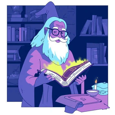 An elderly wizard with a long white beard and half-moon spectacles is holding an ancient spellbook in both hands. The spellbook has ornate, gold trim and is open, revealing pages that are glowing softly in shades of yellow and blue. The dimly lit room features stone walls lined with wooden shelves filled with various magical artifacts and books. A flickering candle on a nearby table casts gentle shadows across the room, illuminating the wizard's thoughtful expression as he studies the glowing pages.