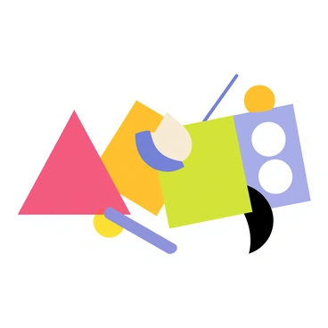 A collection of bold, contrasting geometric shapes arranged in an eye-catching composition. The shapes include triangles, circles, and rectangles in vibrant colors like red, blue, yellow, and green. Each shape has clear, defined edges and is placed against a neutral background, allowing the colors to pop vividly. The arrangement creates a sense of movement and energy, with some shapes overlapping and intersecting.
