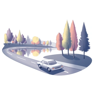 A car driving along a serene lakeside with reflections of autumn trees