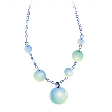 A delicate necklace is displayed prominently in the center of the image. The chain is thin and made of shiny silver metal, catching the light. Hanging from the chain are several small charms, each shaped like exosomes, showcasing intricate details. The charms have a smooth, glossy surface and a subtle gradient of colors ranging from soft blue to light green, enhancing their visual appeal. The background is softly blurred, allowing the necklace and its charms to stand out as the focal point of the composition.