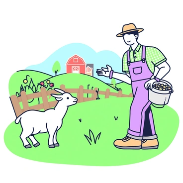 A friendly farmer with a straw hat is standing in a lush green field. He is wearing a checkered shirt and overalls. In his hands, he is holding a bucket filled with feed. A goat with a white coat is eagerly approaching the farmer, its ears perked up in anticipation. Behind them, there are rolling hills and a wooden fence that encloses a small garden with vibrant vegetables. In the distance, a red barn can be seen, surrounded by a few trees and a clear blue sky.