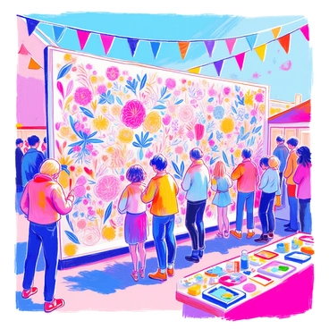 A large, colorful wall stands at a lively festival. The wall is covered with a variety of illustrations and doodles created by attendees. People of all ages are gathered around, some adding their own drawings with vibrant colored markers while others watch and discuss. A variety of artistic styles are represented, showcasing flowers, animals, and abstract shapes. Nearby, paint supplies are neatly arranged on tables. Festive banners and decorations hang above the wall, adding to the lively atmosphere of creativity and collaboration.