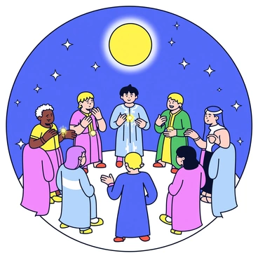 A celestial council is taking place among the Valar. The Valar are depicted as tall, majestic figures, each with distinct features that reflect their individual powers. They are surrounded by a deep, starry sky filled with twinkling stars and a bright, glowing moon. Each Valar is positioned in a circle, engaging in thoughtful discussion. Some hold glowing orbs of light in their hands, while others have flowing garments that shimmer as they move. The atmosphere is one of importance and unity as they share knowledge and wisdom.