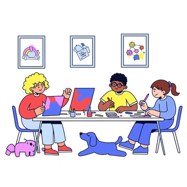 A group of three children is sitting around a large table covered with various art supplies. One child, a girl with curly blonde hair, is painting with bright red and blue colors on a canvas. Another child, a boy with glasses, is drawing with colored pencils, focusing intently on his artwork. The third child, a girl with brown hair tied in a ponytail, is gluing colorful paper cutouts. Behind them, the walls are decorated with framed award-winning illustrations that serve as inspiration for their art session. A few paintbrushes and crayons are scattered across the table, and a playful dog is lying at their feet.