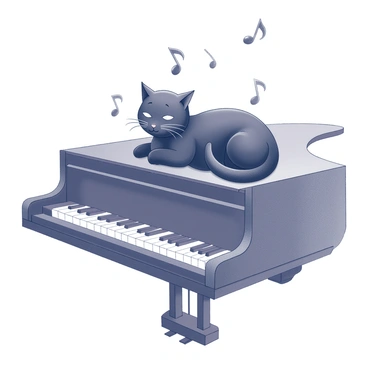 A black cat comfortably lounging atop a grand piano. The cat is curled up with its tail draped over the edge, eyes partially closed in relaxation. Surrounding the cat, there are musical notes gently floating in the air, depicting a sense of calm melody. The piano is intricately designed, featuring polished wood and a glossy finish, with visible keys leading to the cat's resting place. The scene captures a quiet moment, blending the themes of music and tranquility.