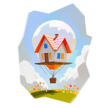 A whimsical scene featuring a house that appears to be floating in the air like a helium balloon. The house is quaint, with a sloped roof and colorful windows. It is tethered to the ground by several strings, which are securely fastened to the base of the house. Below, the ground is visible, showcasing a green landscape with grass and a few scattered flowers. The sky above is bright and clear, enhancing the playful nature of the floating house.