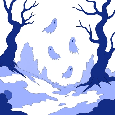 A dark and eerie landscape of the Shadow Isles is depicted. In the foreground, several ghostly apparitions float above the ground, their forms translucent and wispy. They are surrounded by twisted, gnarled trees with bare branches reaching out like skeletal fingers. The ground is uneven and covered with patches of fog that partially obscure the view. In the background, the faint outlines of crumbling stone structures are visible, hinting at a long-lost civilization. An ominous atmosphere fills the scene, suggesting a sense of foreboding and mystery.