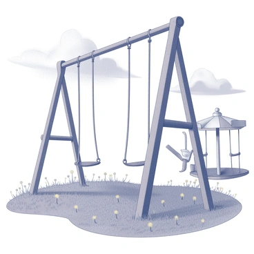 A playground scene featuring rusty swings hanging from weathered metal frames. The swings are motionless, with faded paint and a sense of neglect. The ground is covered with overgrown grass, interspersed with scattered dandelions and weeds. In the background, a cloudy sky looms overhead, with dense clouds that obscure the sun, creating a somber atmosphere. The absence of children emphasizes the stillness of the space. Various play equipment, such as a merry-go-round and a slide, stands idle, hinting at the playground's once lively past.