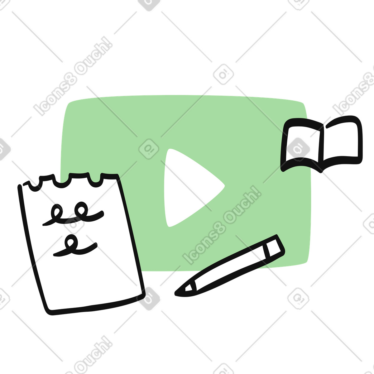 Organic スタイルの Online course video symbol with handwritten notes and textbook のイラストをPNG、SVG形式でダウンロード