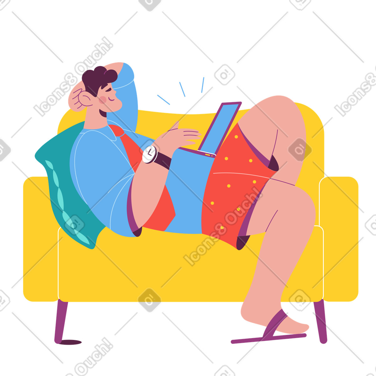 Freelancer working on laptop while resting sofa, Home office comfort illustration in Sammy style download in PNG, SVG