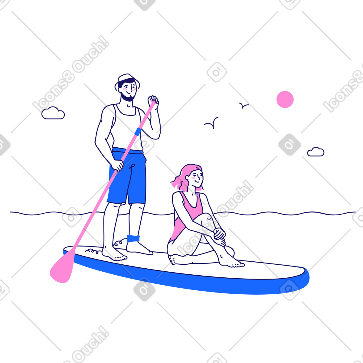 下载 Matey 风格的 Woman and man on paddleboard 插画，支持 PNG、SVG 格式