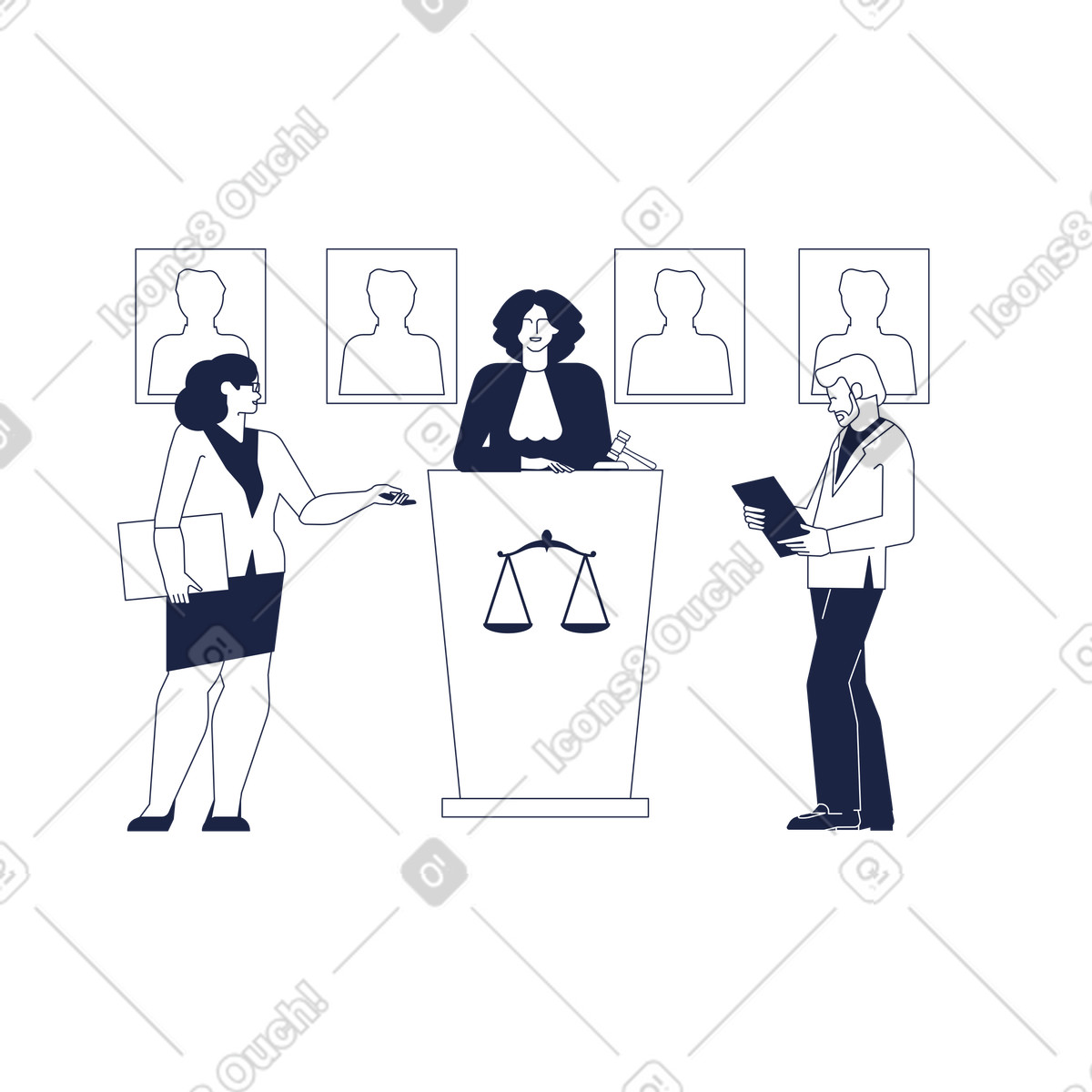 Ilustración Mujer juez y dos abogados en la sala del tribunal estilo Urban Line a descargar PNG SVG