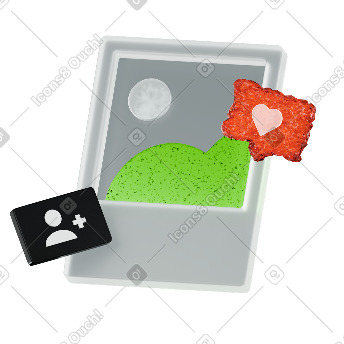 Social media post with like and follow button illustration in 3D Platforms style download in PNG, SVG