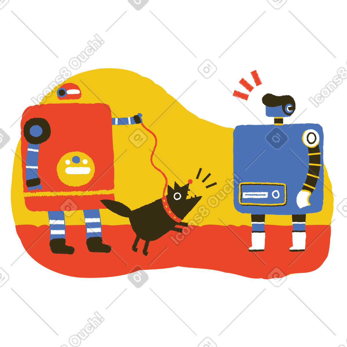 Surprised robot facing barking dog, Unexpected interaction error illustration in Bermuda style download in PNG, SVG