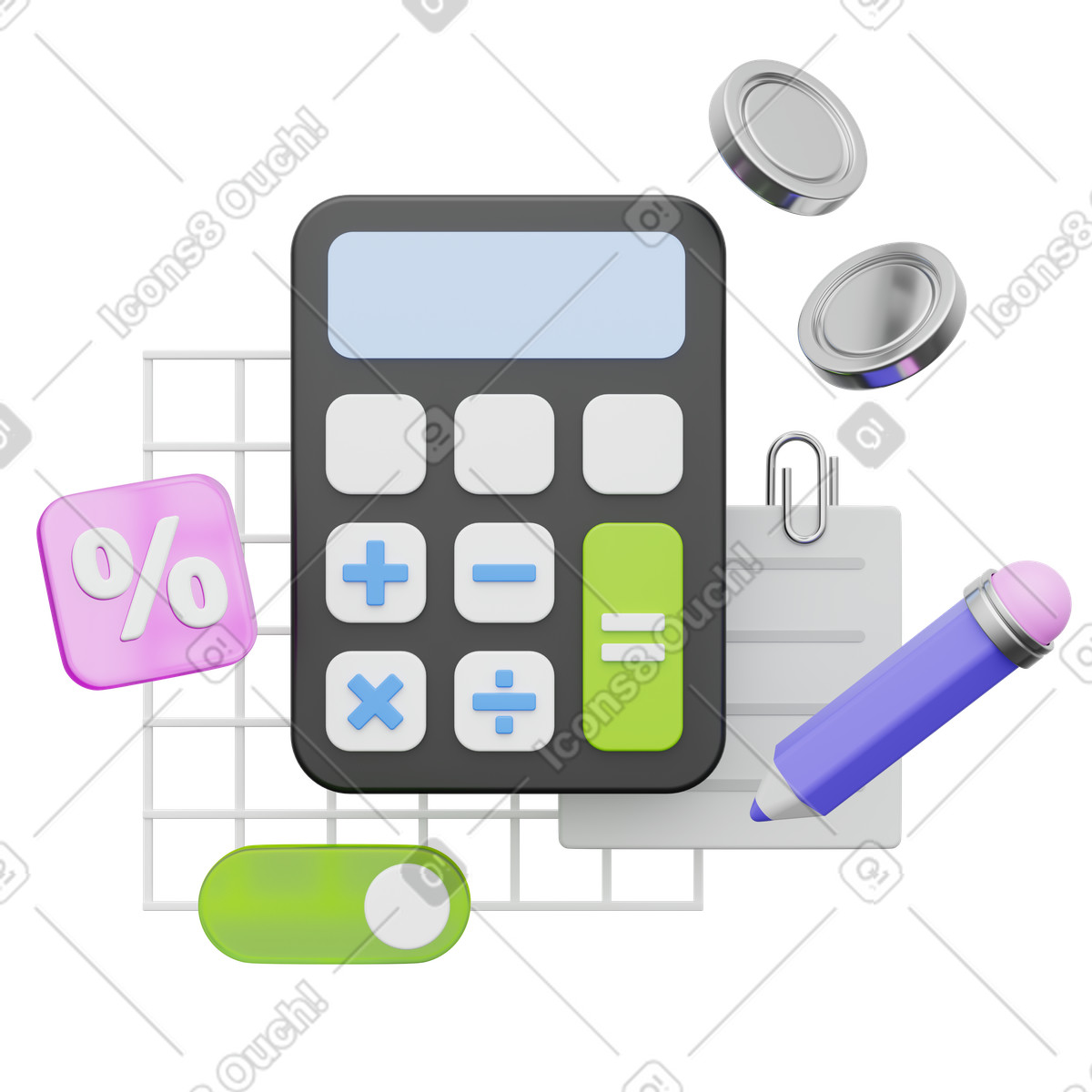 3D Playful スタイルの Budget planning calculator with coins and percentage symbol のイラストをPNG、SVG形式でダウンロード