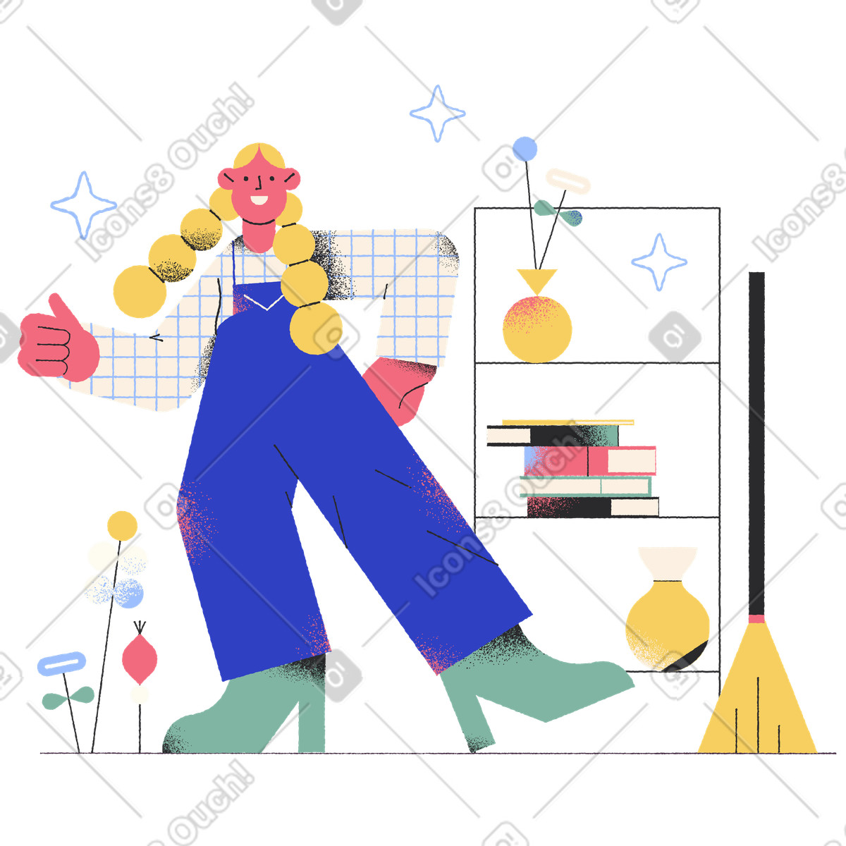 Donna delle pulizie in piedi nella stanza pulita e che mostra i pollici su illustrazione stile Pablo scarica PNG, SVG