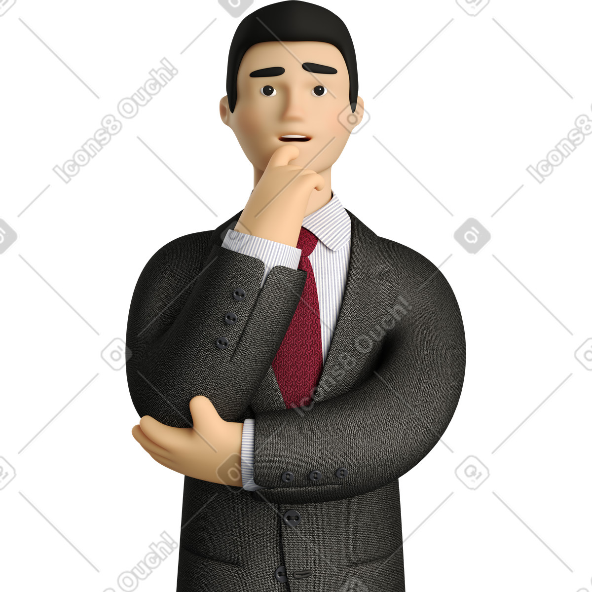 Pondering businessman in black suit-Illustration im 3D Business-Stil als Download PNG, SVG