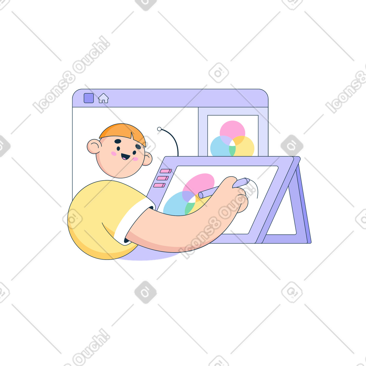 Designer maschio che attinge una tavoletta grafica illustrazione in stile Bubble gum scarica in PNG, SVG