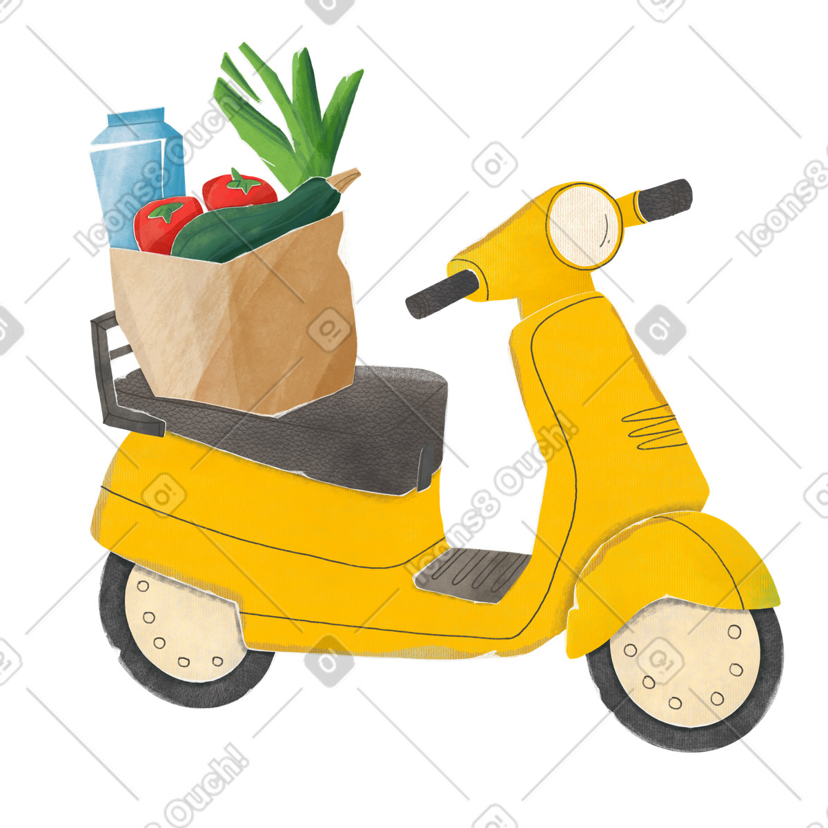 Gelber roller mit einer tüte lebensmittel geliefert-Illustration im Experimental-Stil als Download in PNG, SVG