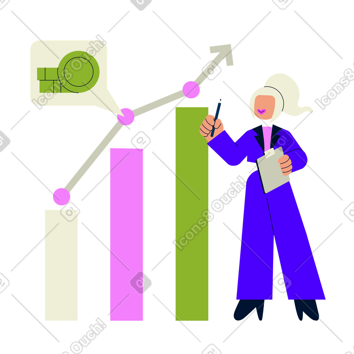 Speaker explaining financial statistics with clipboard, business performance report illustration in Cubes style download in PNG, SVG