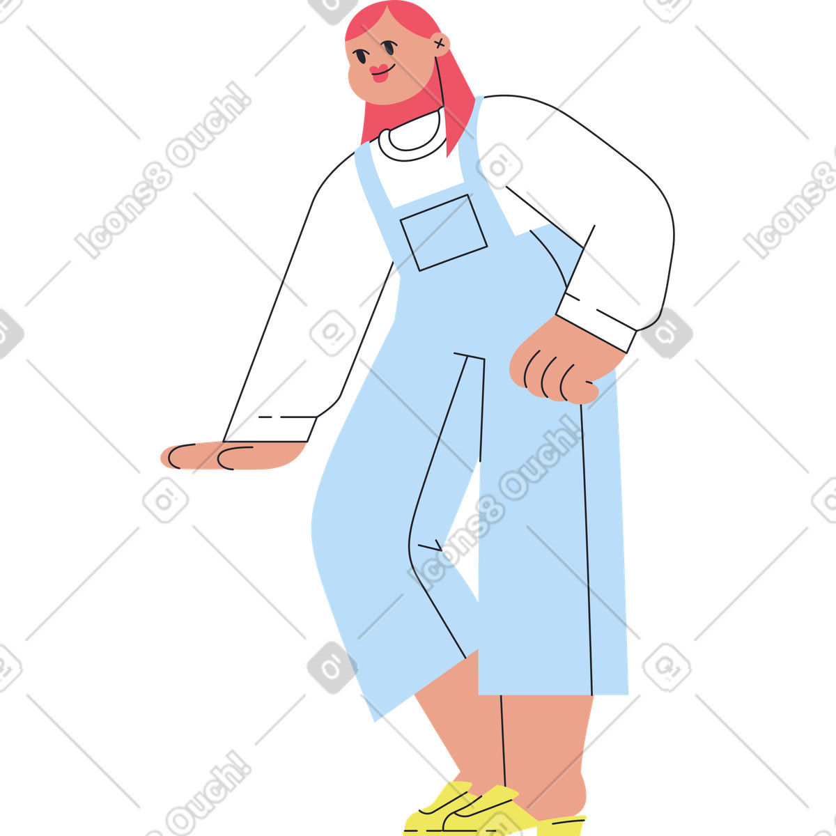 Ragazza in oberall che si appoggia a qualcosa illustrazione stile Boba scarica PNG, SVG
