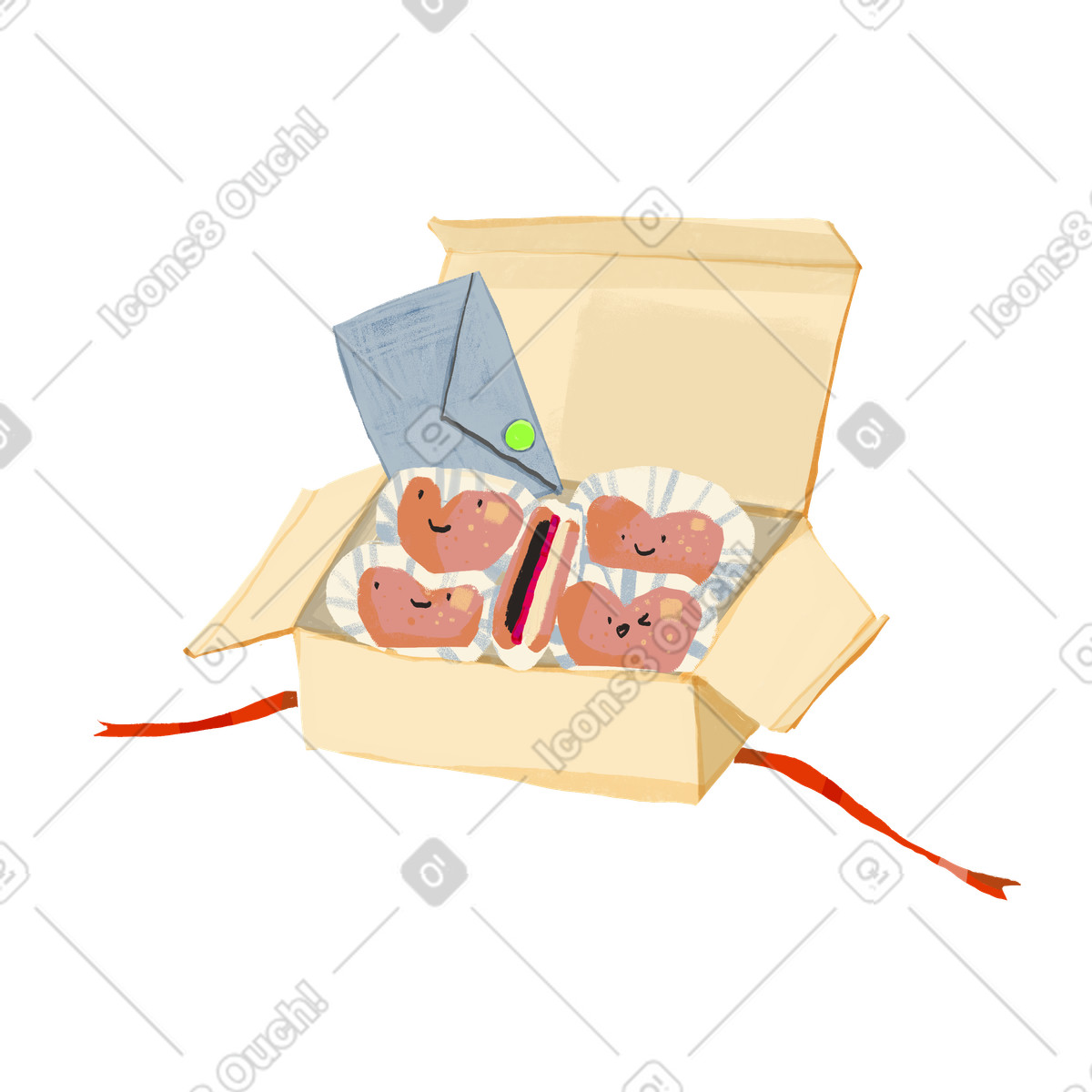 Open gift box with letter and cookies, Surprise delivery for special occasion illustration in Ikigai style download in PNG, SVG