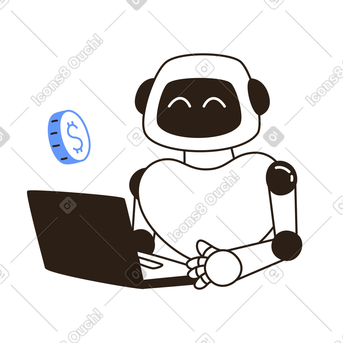 Ilustración Robot usando una computadora portátil con moneda de dólar, inversión y finanzas automatizadas en estilo Plain a descargar en PNG SVG