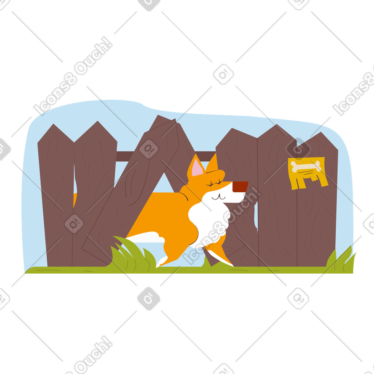 Dog sneaking under wooden fence, Leaving or logging out illustration in Woof style download in PNG, SVG