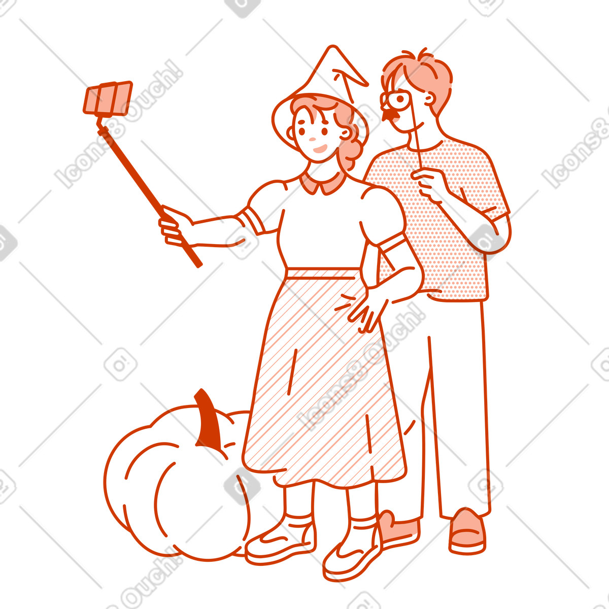 Coppia che scatta un selfie alla festa di halloween illustrazione in stile Natty scarica in PNG, SVG
