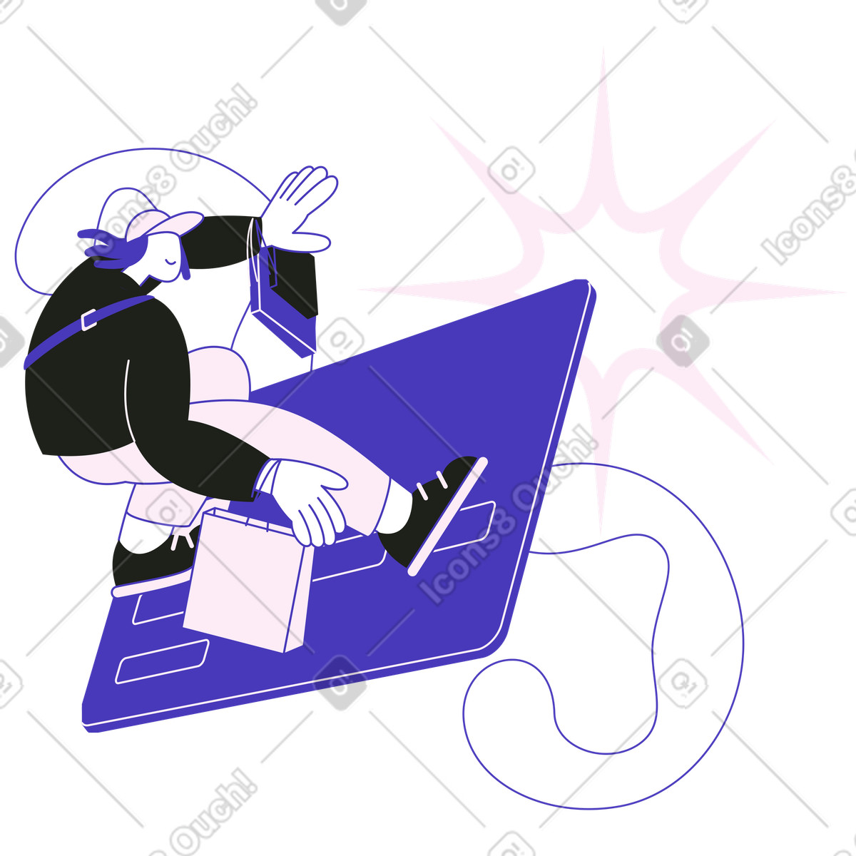 Illustration Customer riding giant credit card with shopping bag, Online and payment dans le style Blueberry à télécharger aux formats PNG, SVG