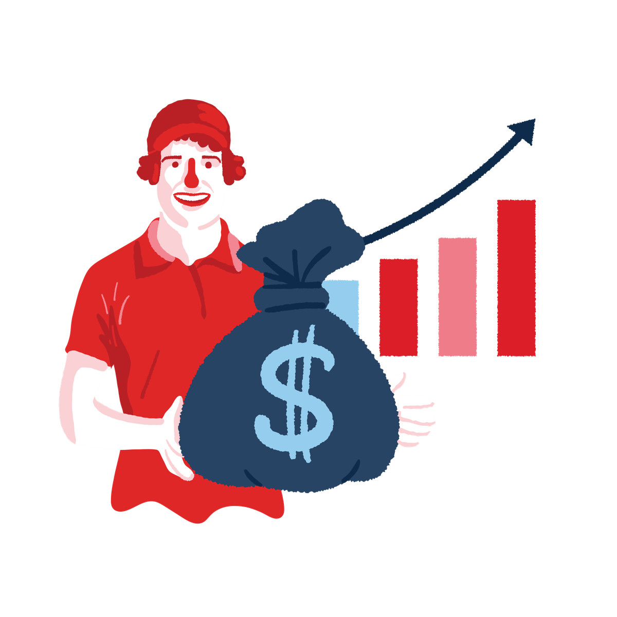 Man with sack of money and financial growth chart illustration in Cherry style download in PNG, SVG