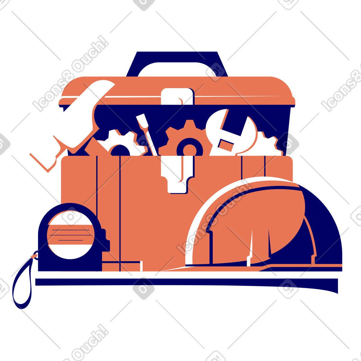 Cassetta degli attrezzi con casco e metro a nastro illustration in PNG, SVG